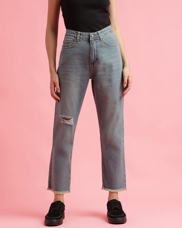 Women's Blue Washed Distressed Mom Fit Jeans