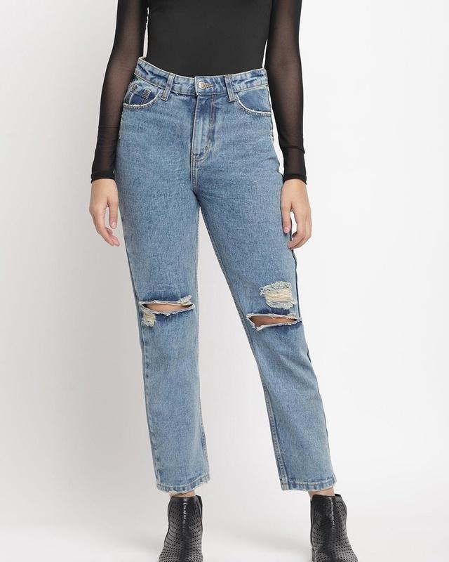Women's Blue Washed Mom Fit Jeans