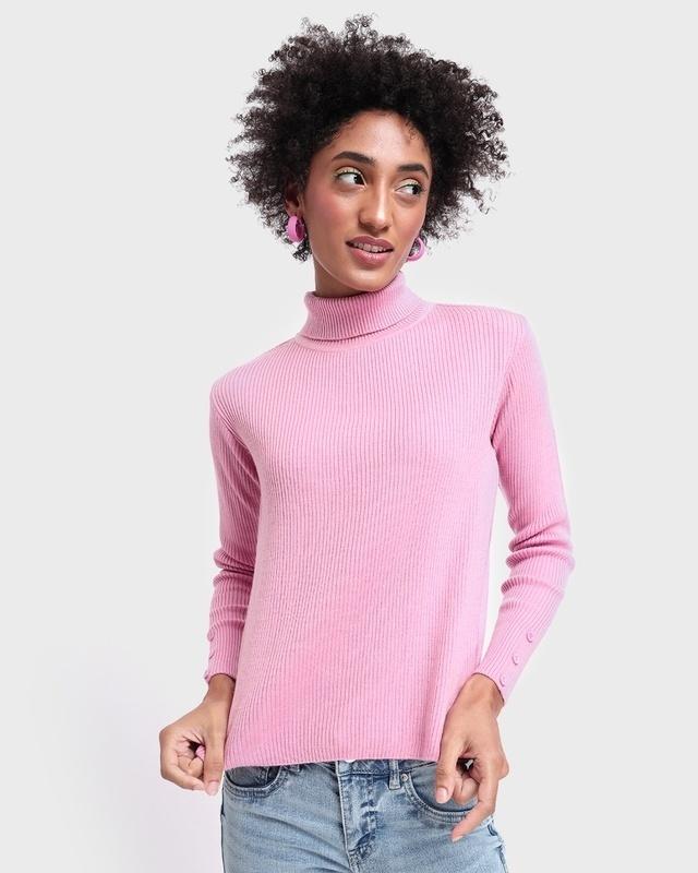 women's-pink-high-neck-sweater