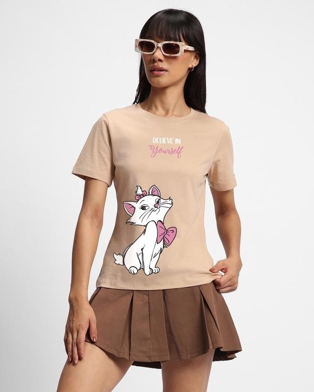 Women's Brown Believe Cat Graphic Printed T-shirt
