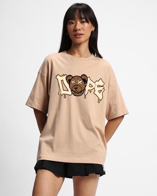 Women's Brown Dope Bear Graphic Printed Oversized T-shirt