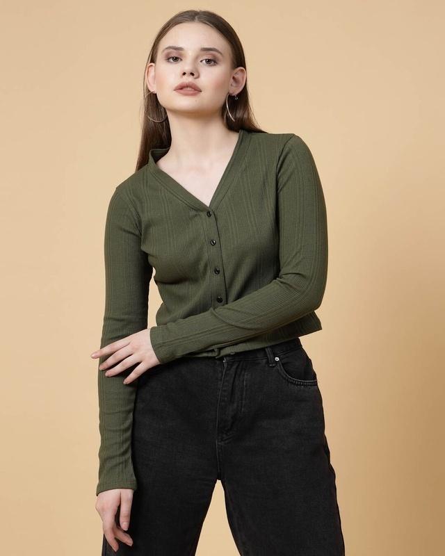 Women's Olive Green Rib Slim Fit Short Top