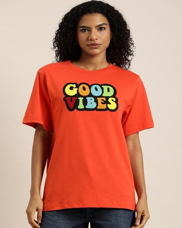 Women's Orange Typographic Oversized T-shirt