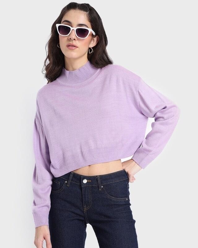 Women's Pastel Lilac High Neck Oversized Crop Sweater