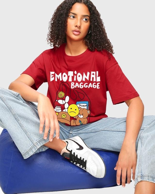 Women's Red Emotional Baggage Graphic Printed Oversized T-shirt