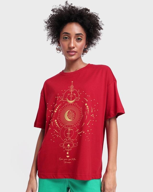 Women's Red Universe Listens Graphic Printed Oversized T-shirt