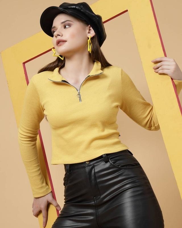 Women's Yellow Waffle Knitted Short Top