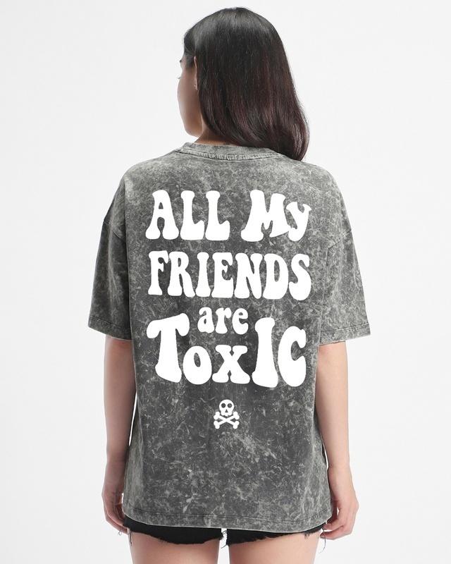 Women's Grey Toxic Graphic Printed Oversized Acid Wash T-shirt