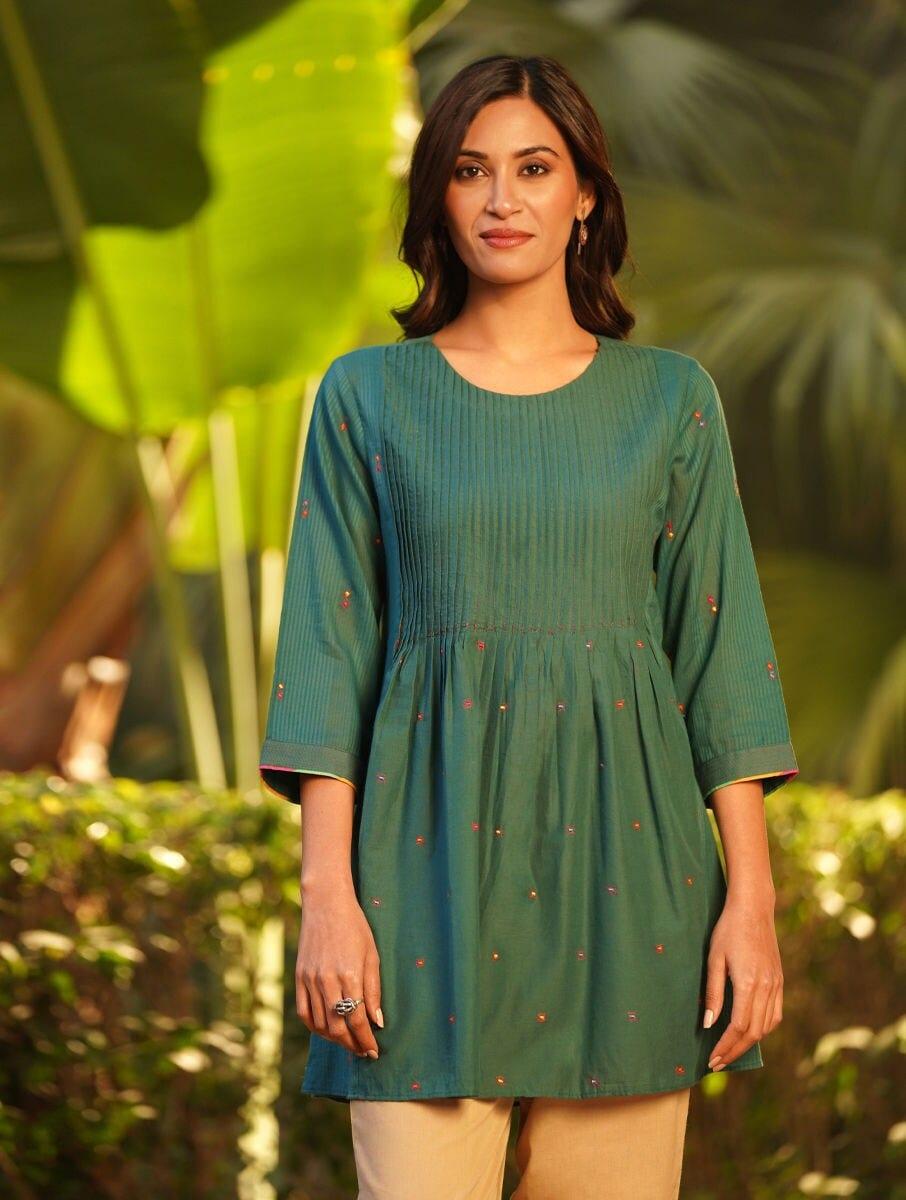 Women Teal Blue Cotton Embroidered Round Neck Flared Tunics
