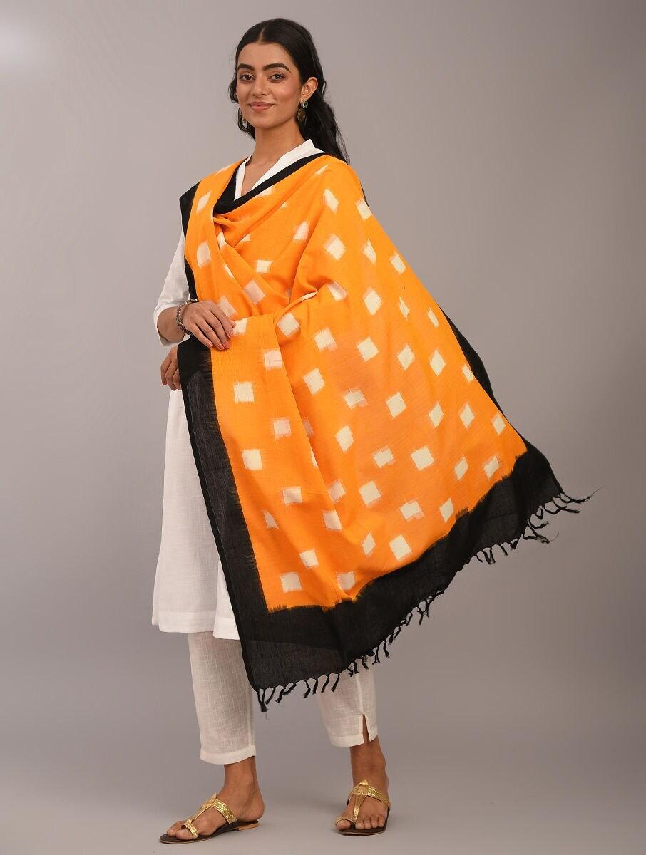 Women Orange Cotton Ikat Dupatta