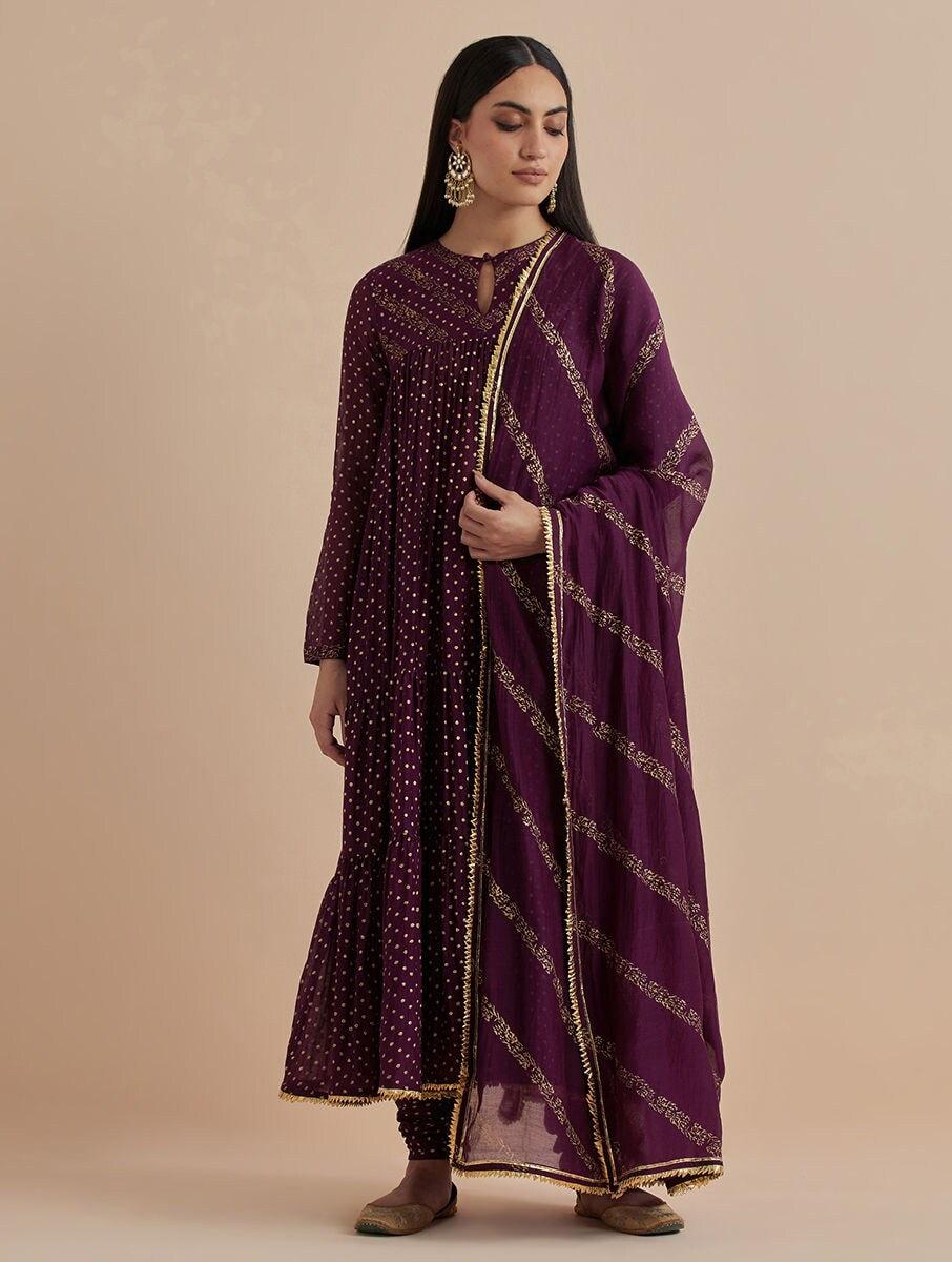 Women Purple Chanderi Silk Block print Dupatta