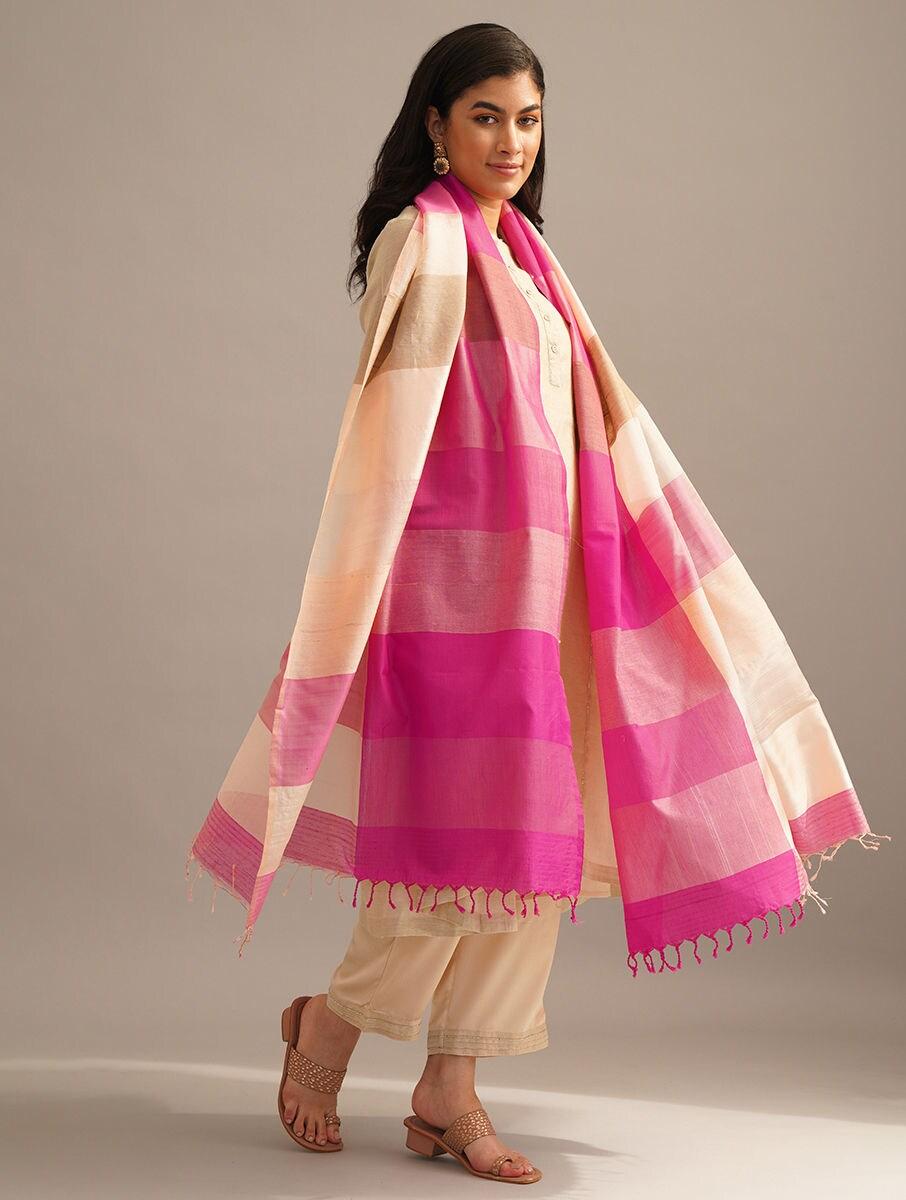 Women Pink Cotton Silk Maheshwari Dupatta