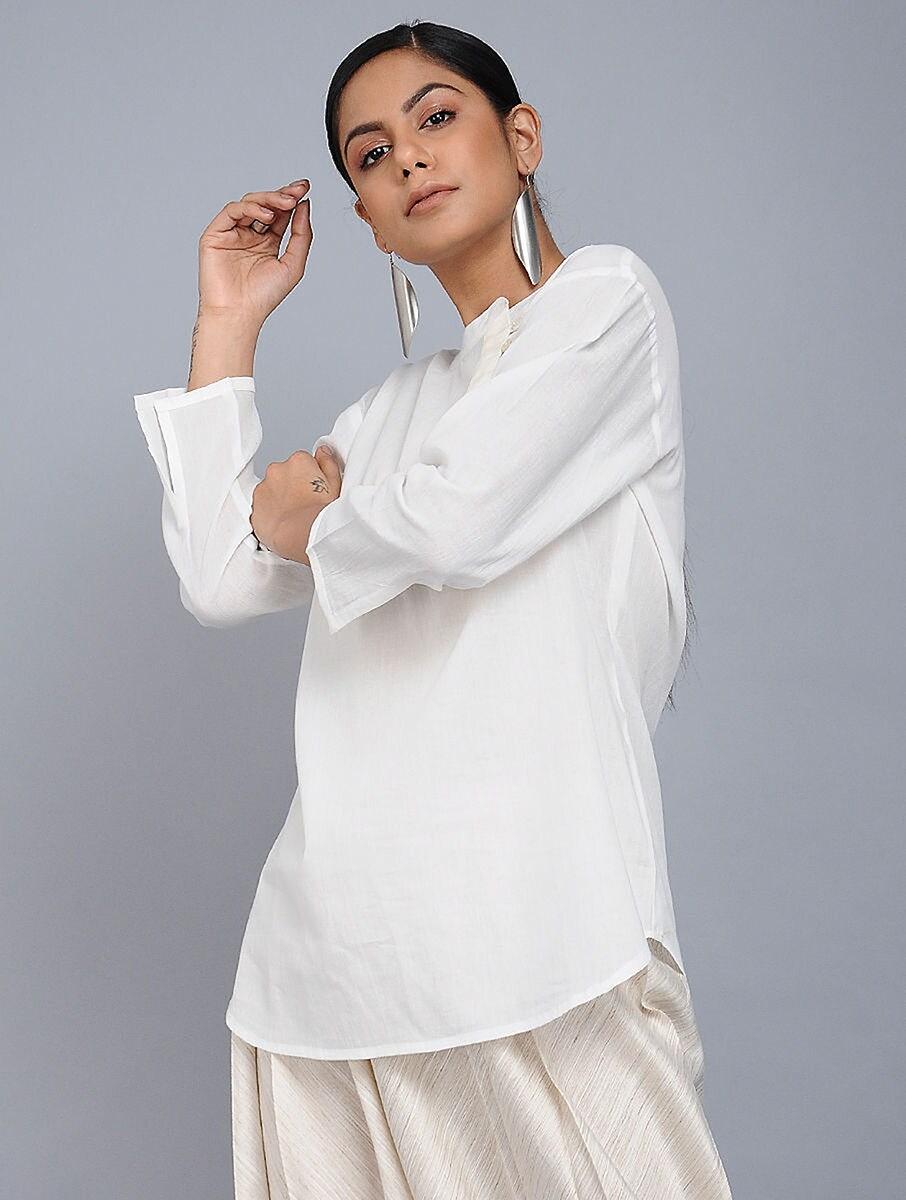 Women Ivory Cotton Solid Round Neck Regular Fit Tops