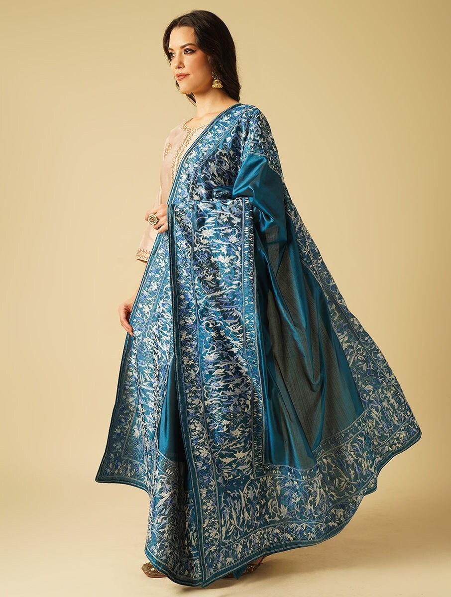 women-blue-silk-kantha-dupatta