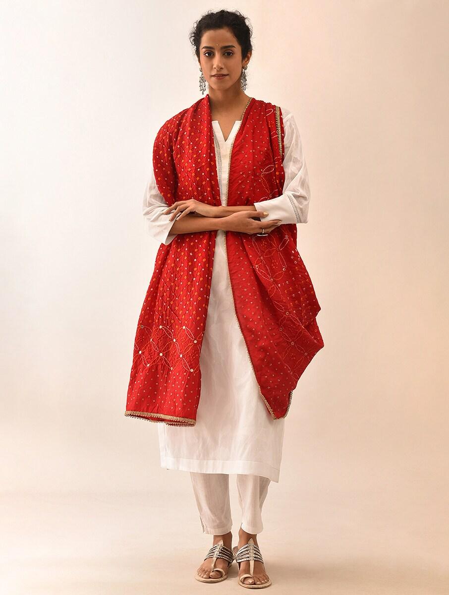 Women Red Silk Bandhani Dupatta