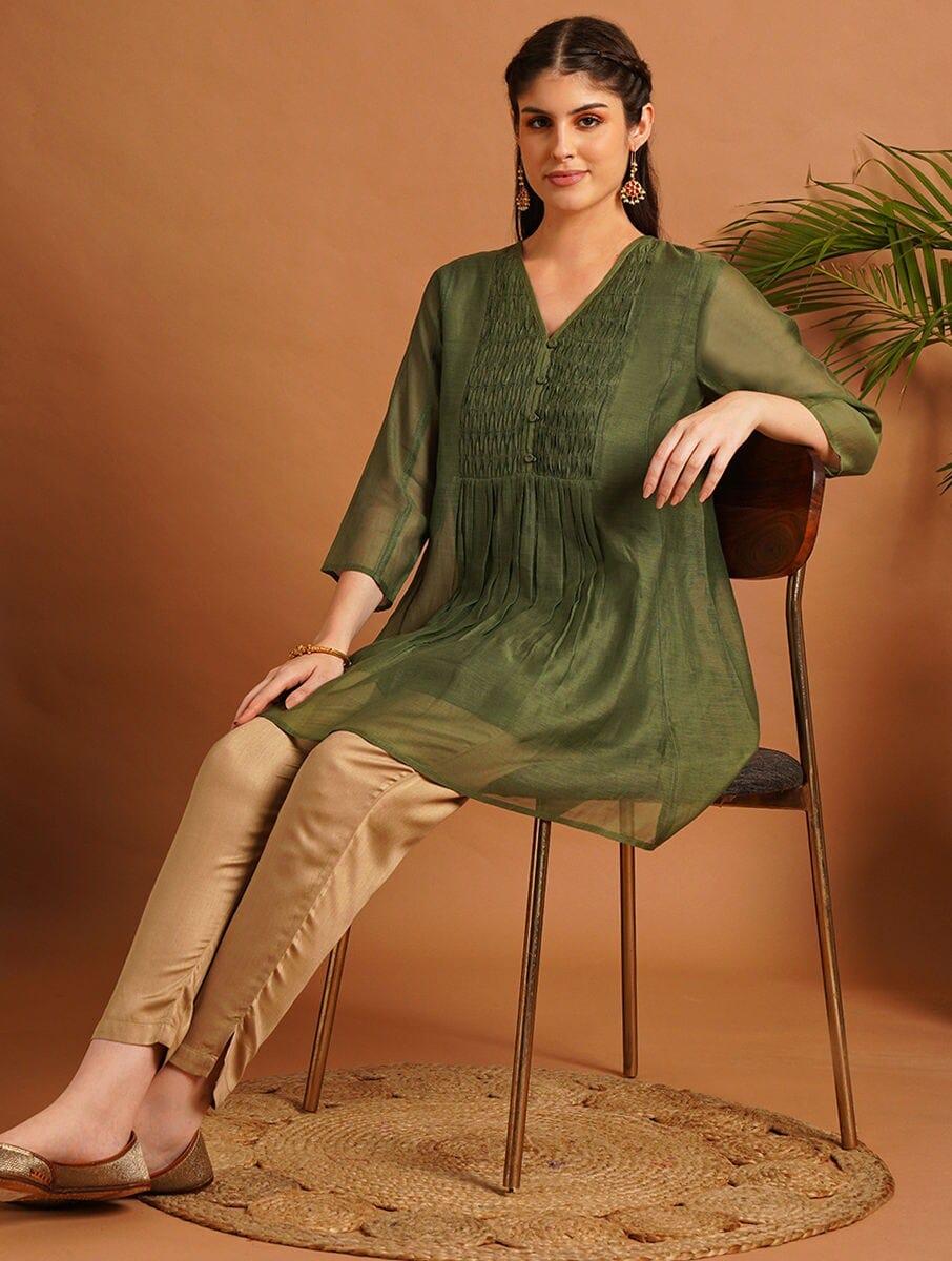 Women Olive Green Silk Cotton Tunics