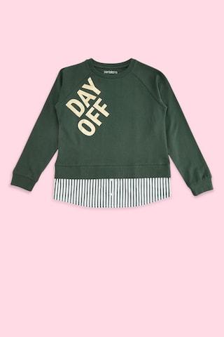 Olive Printed Casual Full Sleeves Round Neck Girls Regular Fit Sweatshirt