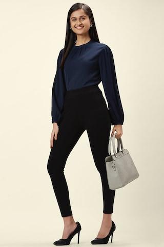 navy-solid-formal-puff-sleeves-band-collar-women-comfort-fit-top