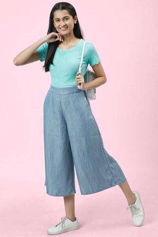 Blue Solid Ankle-Length Casual Women Relaxed Fit Culottes