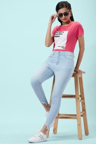 Pink Logo Casual Half Sleeves Round Neck Women Regular Fit T-Shirt
