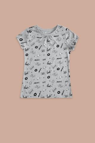 Medium Grey Printed Casual Short Sleeves Round Neck Girls Regular Fit T-Shirt