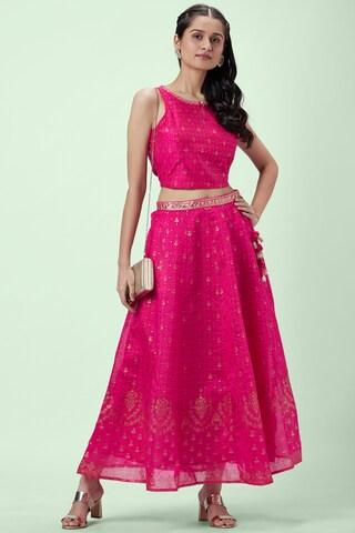Pink Printeded Ethnic Round Neck Sleeveless Full Length Women Regular Fit Lehenga Choli Set