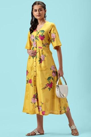 Yellow Printeded V Neck Casual Full Length Half Sleeves Women Regular Fit Dress