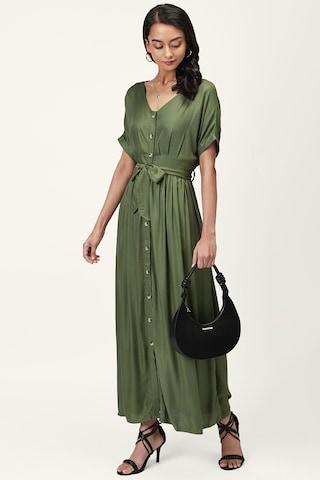 Olive Solid V Neck Casual Calf-Length Half Sleeves Women Comfort Fit Dress