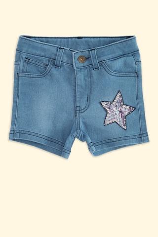 Medium Blue Embroidered Knee Length Casual Girls Regular Fit Shorts
