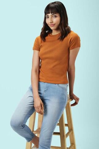 Tan Solid Casual Half Sleeves Round Neck Women Crop Fit T-Shirt