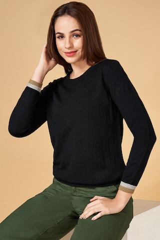 Black Solid Casual Full Sleeves Crew Neck Women Regular Fit Sweater