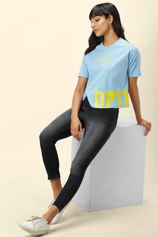 Light Blue Printed Casual Half Sleeves Round Neck Women Boxy Fit T-Shirt