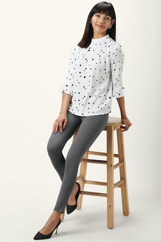 white-dots-formal-3/4th-sleeves-band-collar-women-regular-fit-top