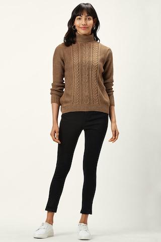 Brown Self Design Casual Full Sleeves High Neck Women Regular Fit Sweater