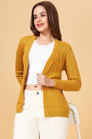 Yellow Self Design Casual Full Sleeves V Neck Women Regular Fit Sweater