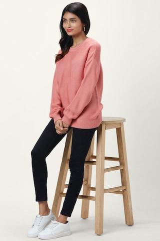 Pink Self Design Casual Full Sleeves Round Neck Women Regular Fit Sweater
