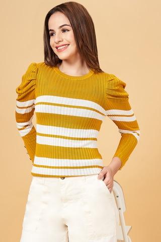 Yellow Stripe Casual Full Sleeves Round Neck Women Slim Fit Sweater