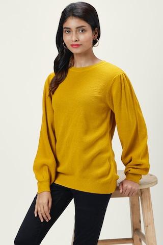 Yellow Self Design Casual Full Sleeves Crew Neck Women Regular Fit Sweater