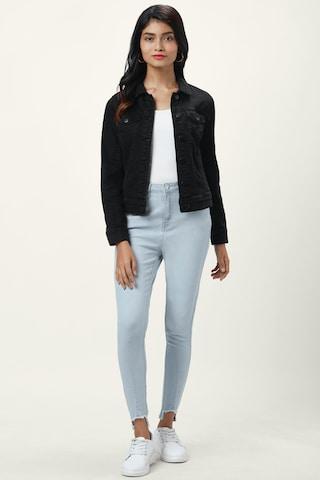 Black Solid Casual Full Sleeves Regular Collar Women Regular Fit Jacket