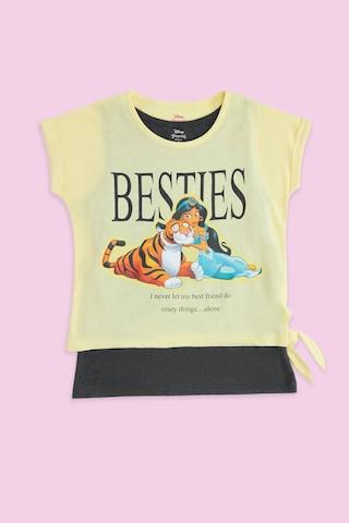 Yellow Printed Casual Short Sleeves Round Neck Girls Regular Fit Top