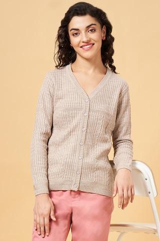 Beige Self Design Casual Full Sleeves V Neck Women Regular Fit Sweater