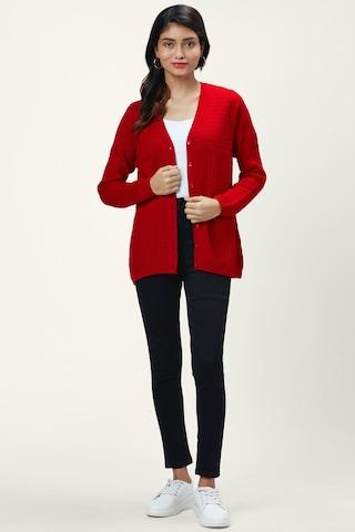 Maroon Self Design Casual Full Sleeves V Neck Women Regular Fit Sweater