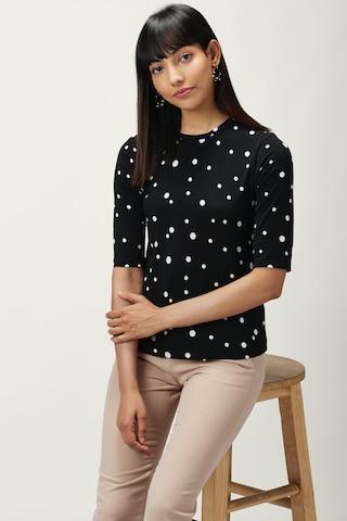 Black Dots Casual Elbow Sleeves Round Neck Women Regular Fit Top