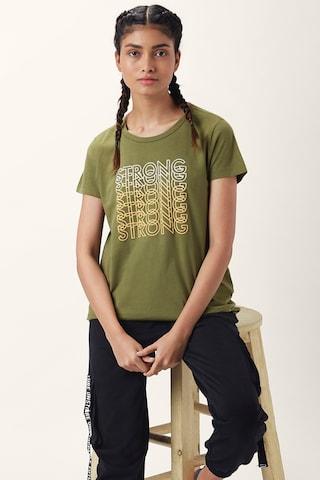 Olive Printed Active Wear Short Sleeves Round Neck Women Regular Fit T-Shirt