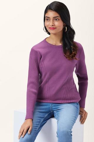 Purple Textured Casual Full Sleeves Round Neck Women Regular Fit Sweater