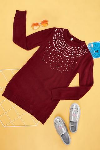 Red Embroidered Casual Full Sleeves Round Neck Girls Regular Fit Sweater