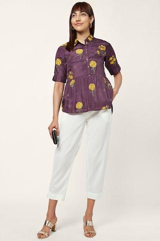 Wine Printed Ethnic 3/4th Sleeves Regular Collar Women Regular Fit Tunic