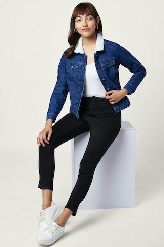 Medium Blue Solid Casual Full Sleeves Regular Collar Women Regular Fit Jacket