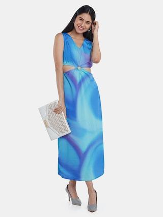 Multi-coloured Printeded V Neck Party Maxi Sleeveless Women Regular Fit Dress