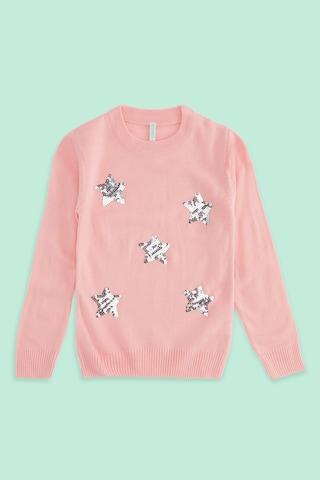 Peach Embroidered Winter Wear Full Sleeves Round Neck Girls Regular Fit Sweater